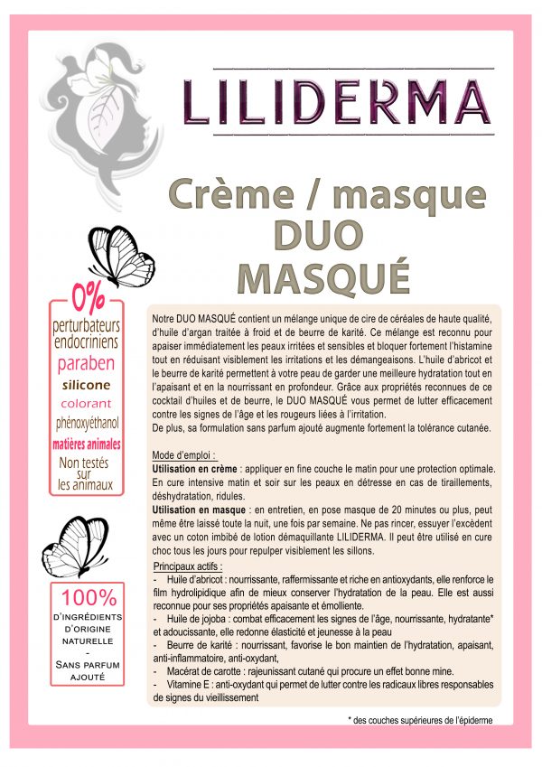Fiche technique Crème et masque Duo masqué - Cosmétiques naturels sans perturbateurs endocriniens fabriqués en France