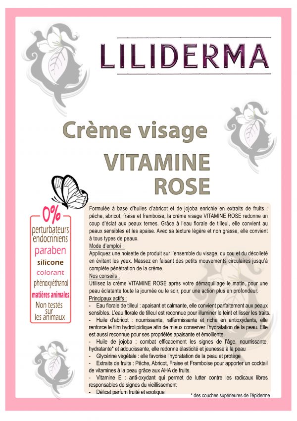 Fiche technique Crème visage anti-âge Vitamine Rose - LILIDERMA - Cosmétiques naturels sans pertubateurs endocriniens fabriqués en France