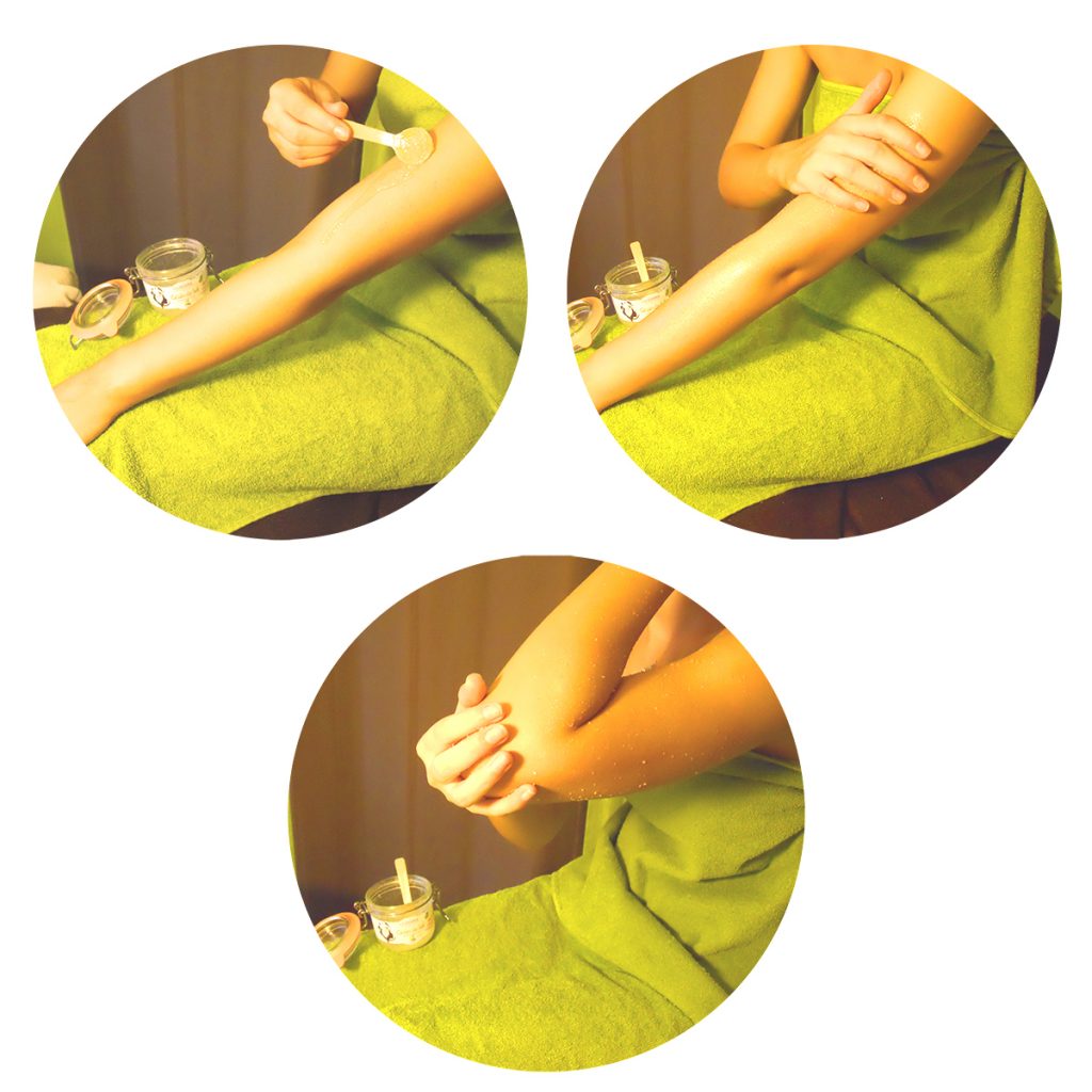 Tuto pour un bronzage qui dure : Pas à pas Gommage bras - Cosmétiques naturels sans perturbateurs endocriniens LILIDERMA