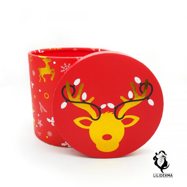 Boîte cadeau ronde Noël Rouge et dorée motif cerf - Envoyez vos cadeaux pour les fêtes directement depuis notre site ! - Cosmétiques et bien-être naturels fabriqués en France LILIDERMA