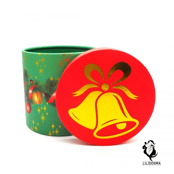 Boîte cadeau ronde Noël Verte et rouge motif cloches - Envoyez vos cadeaux pour les fêtes directement depuis notre site ! - Cosmétiques et bien-être naturels fabriqués en France LILIDERMA