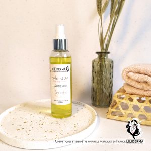 Huile sèche corps, visage, cheveux sans parfum - LILIDERMA - Cosmétiques et bien-être naturels sans perturbateurs endocriniens fabriqués en France